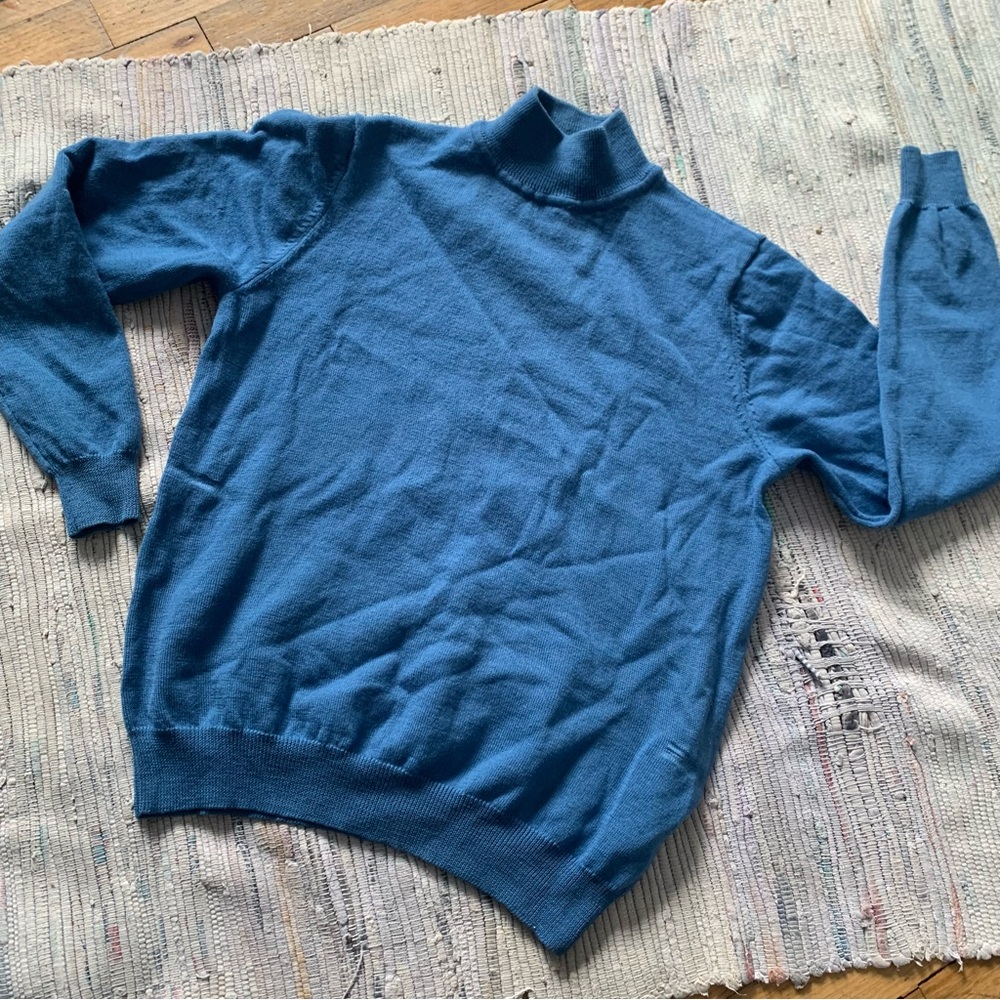 Vintage 100% Merino Wool Blue mock neck Sweater - Picture 1 of 6